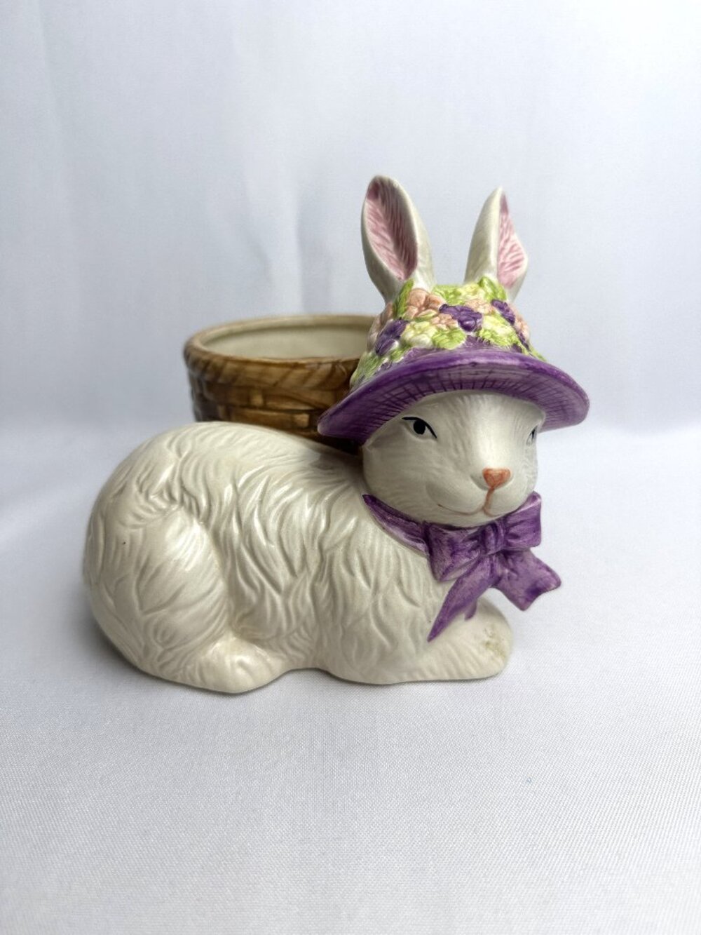 Ceramic Spring Bunny Planter Vintage White Rabbit Purple Floral Hat & Basket